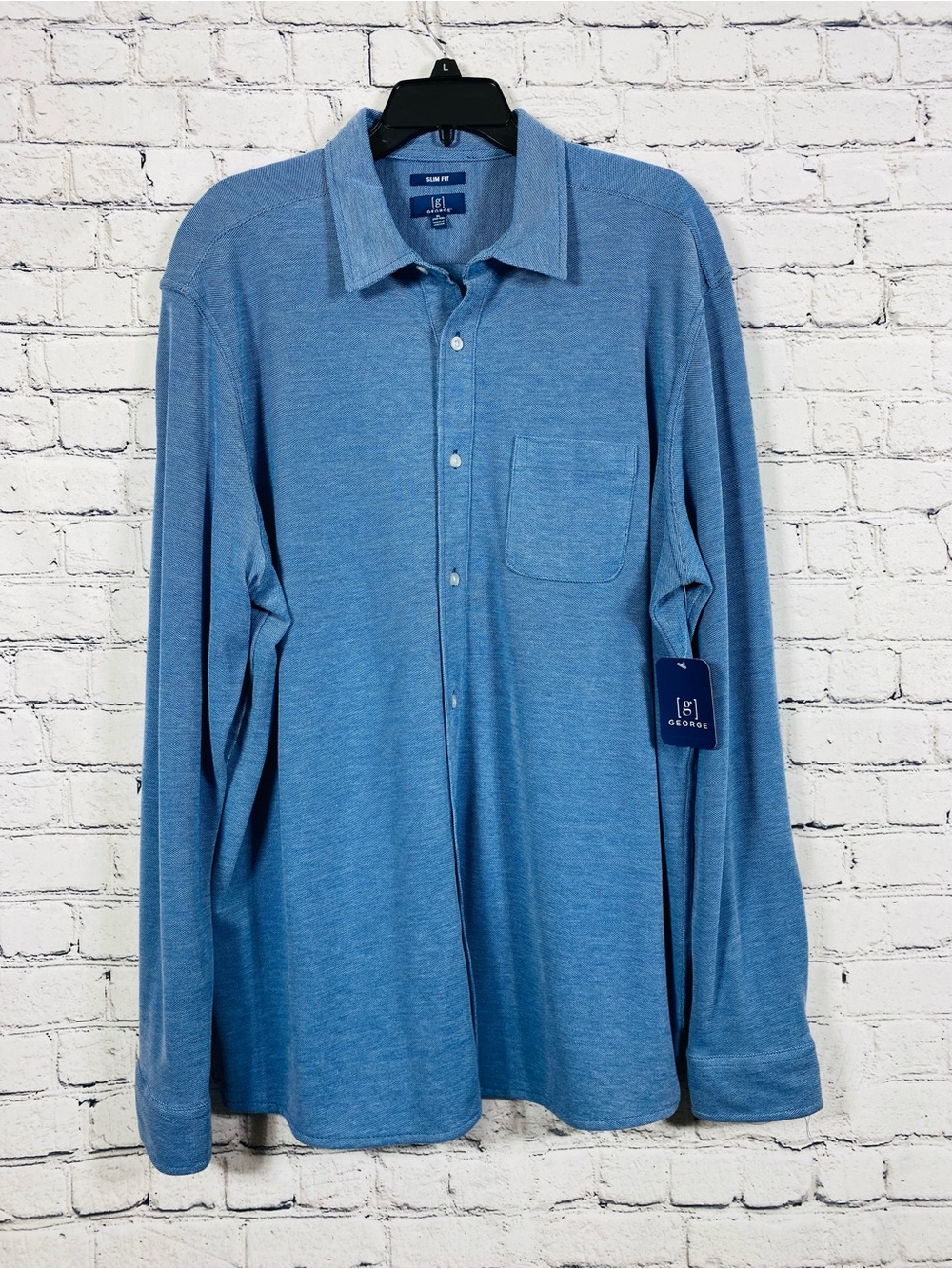 NWT George Men’s XL Slim Fit Blue Eclipse‎ Knit Button Front Shirt Long Sleeve